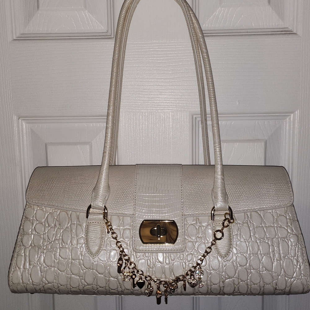 Brahmin Cream Croc-Embossed Shoulder Bag